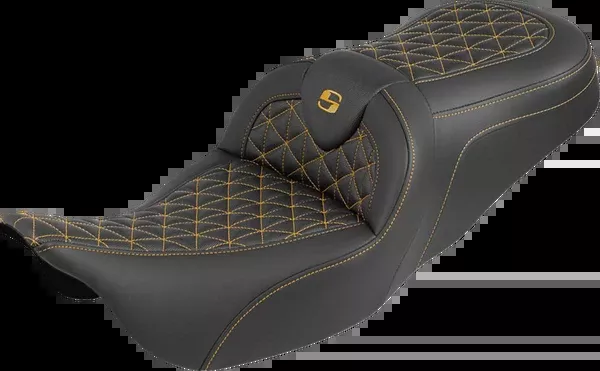 Saddlemen RoadSofa™ Tri Gripper Seat - Standard Reach - Gold Stitch - w/o Backrest - FLH/FLT '08-'25 - 808-07B-21007