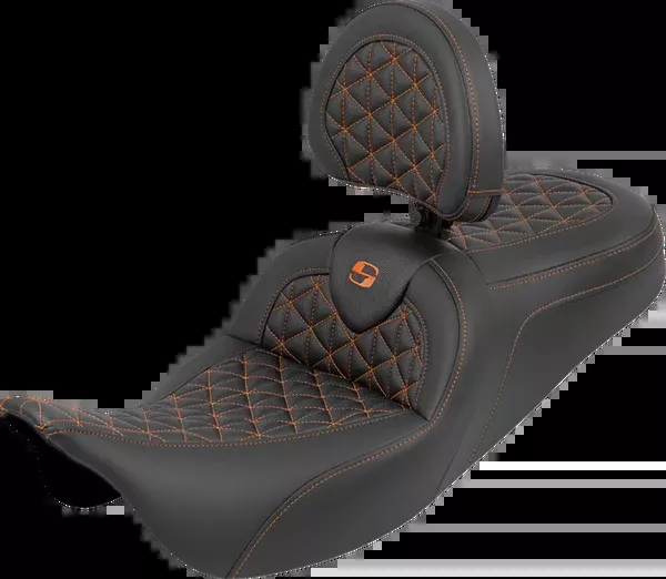 Saddlemen RoadSofa™ Tri Gripper Seat - Standard Reach - Orange Stitch - w/ Backrest - FLH/FLT '08-'25 - 808-07B-210B3