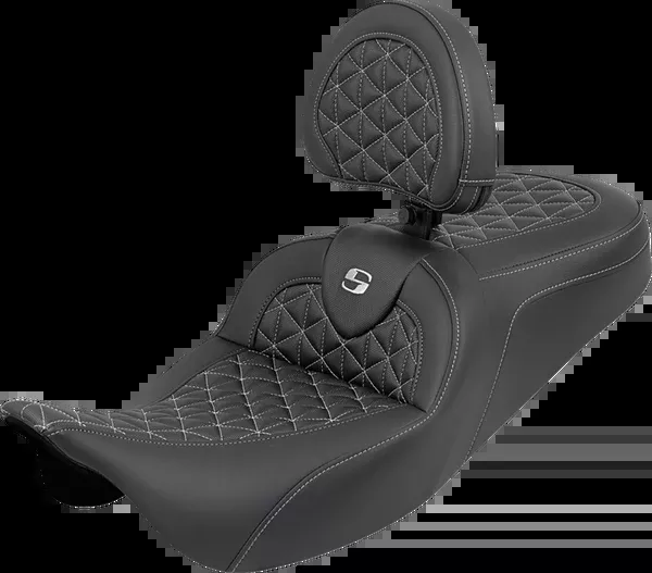 Saddlemen RoadSofa™ Tri Gripper Seat - Standard Reach - Silver Stitch - w/ Backrest - FLH/FLT '08-'25 - 808-07B-211B5
