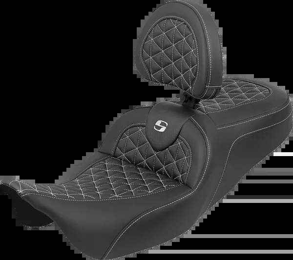 Saddlemen RoadSofa™ Tri Gripper Seat - Standard Reach - White Stitch - w/ Backrest - FLH/FLT '08-'25 - 808-07B-211B6