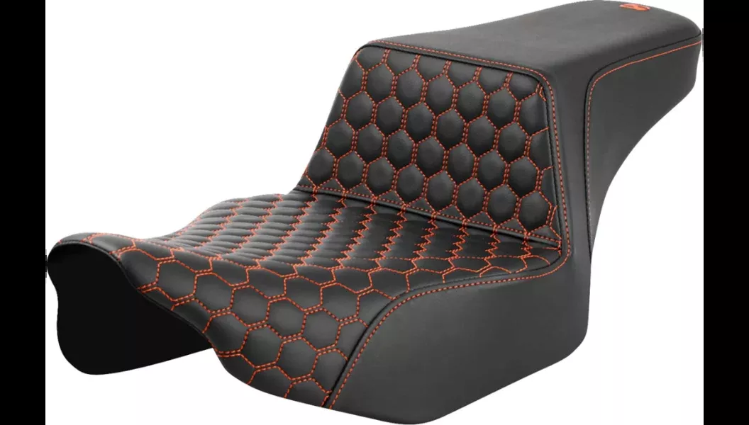 Saddlemen Step-Up Seat – Extended Reach – Front Honeycomb – Orange Stitch – 23-24 Street Glide and Road Glide – 823-07-17803