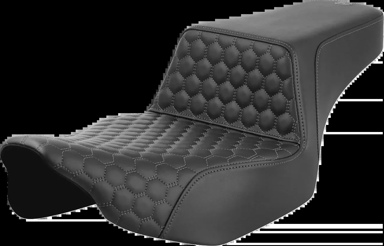 SADDLEMEN Step-Up Seat with Extended Reach for FL ’23-’24 – Gray Stitch, Honeycomb Pattern, Part Number 823-07-17802