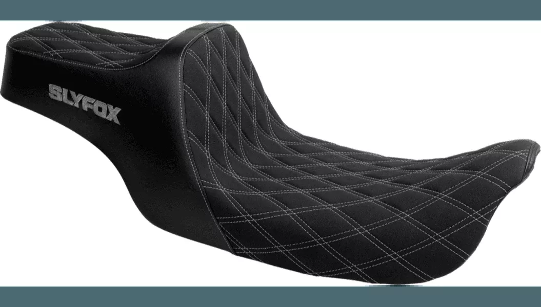 SlyFox High Noon Seat for '96-03 Harley Davidson Dyna FXD - Double Diamond - Silver Logo - Silver Stitch